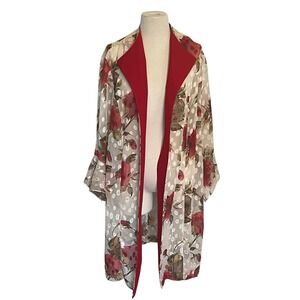 Vintage‎ Women's Sheer Floral Polka Dot Blazer Kimono Jacket Red Trim 20W Roses